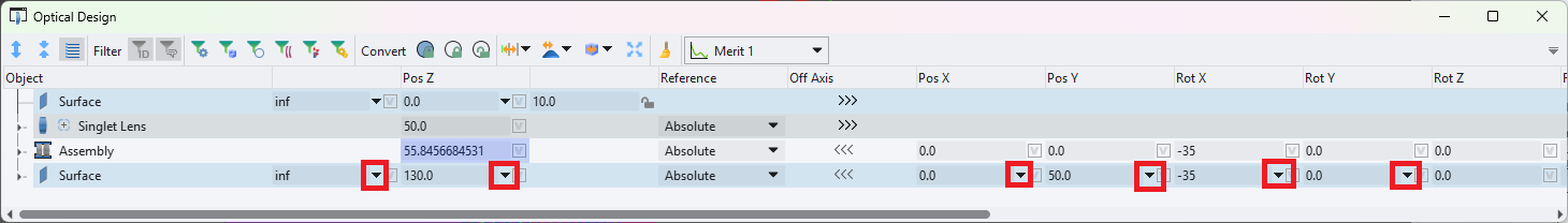 optical design editor solve arrows